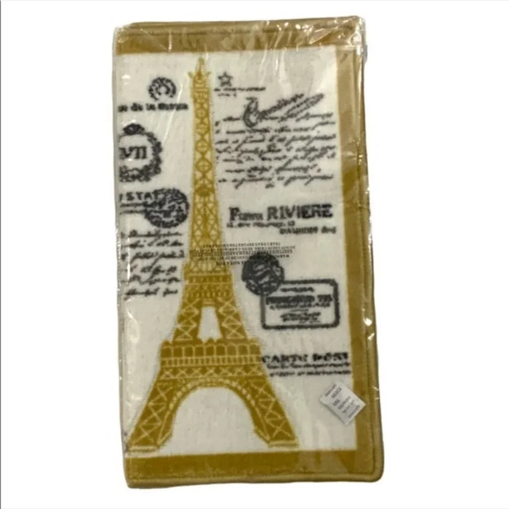 Paris Eiffel Tower French Bath Mat Rug Rectangle White Gold Multi 20 in x 32 in
